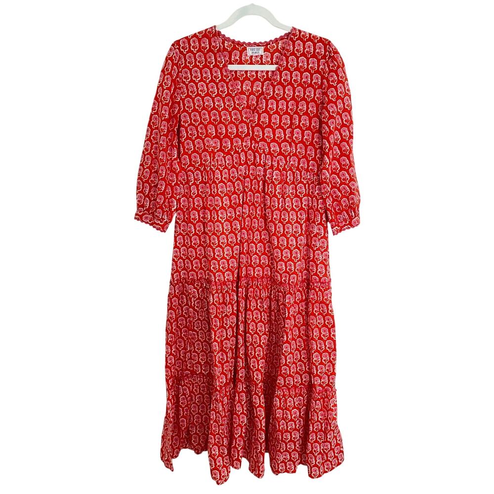 Pink City Prints Tuckernuck Red Pink Floral Block Ric Rac Tiered Midi Dress XS